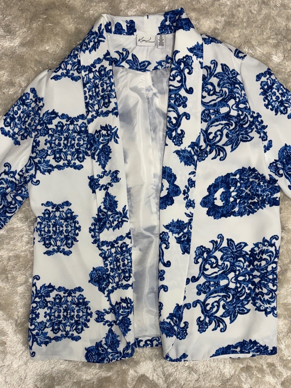 Kim Rogers White Jacket with Blue Floral Baroque Print